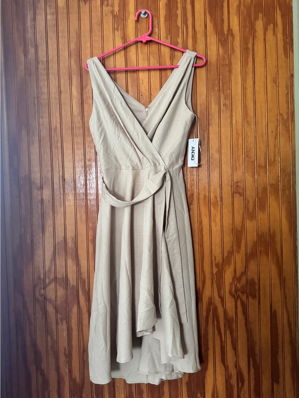 DKNY Sleeveless V-Neck Solid Tie Waist Midi Dress.